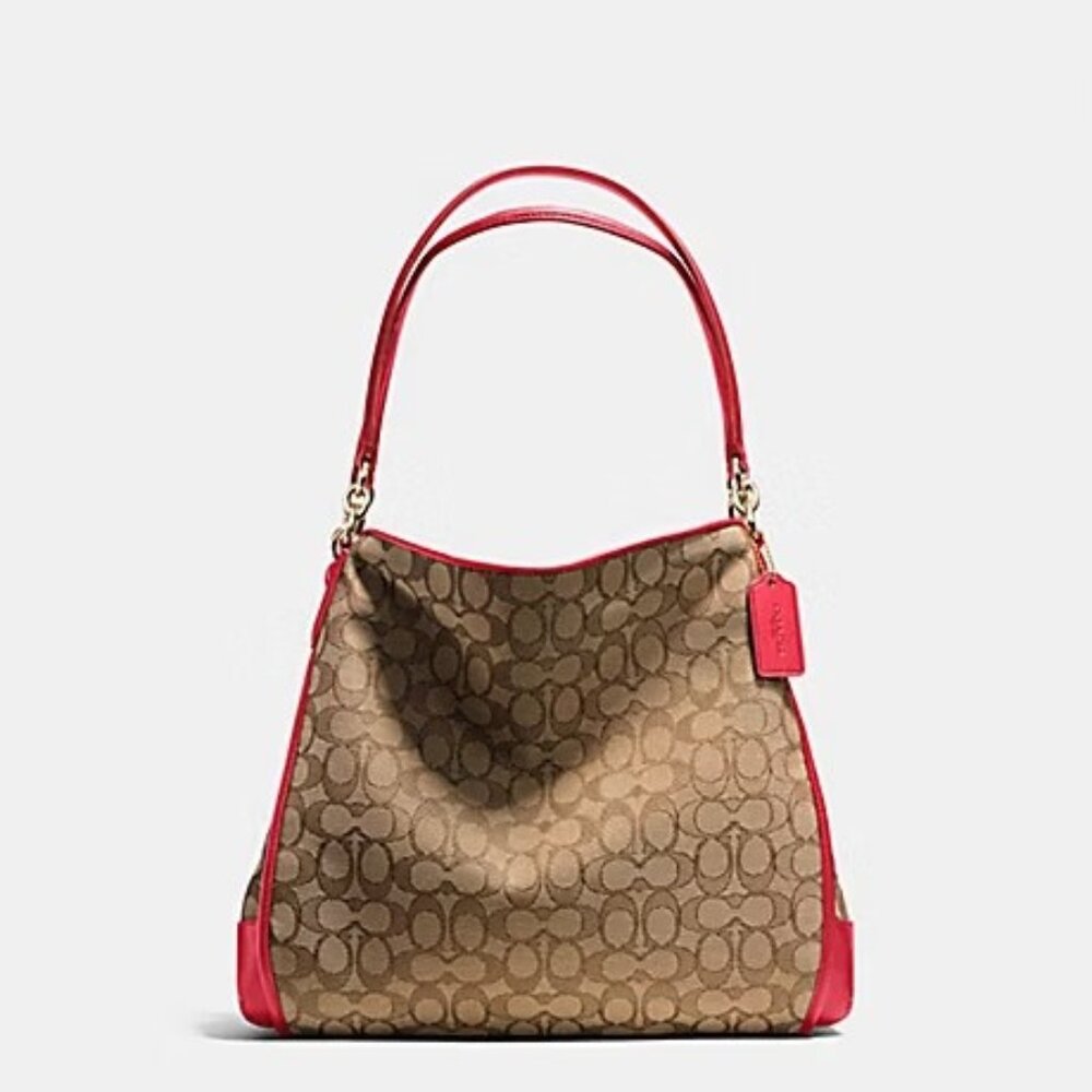 Like New Coach Phoebe Signature C's Khaki & Red Leather Shoulder Bag Hobo